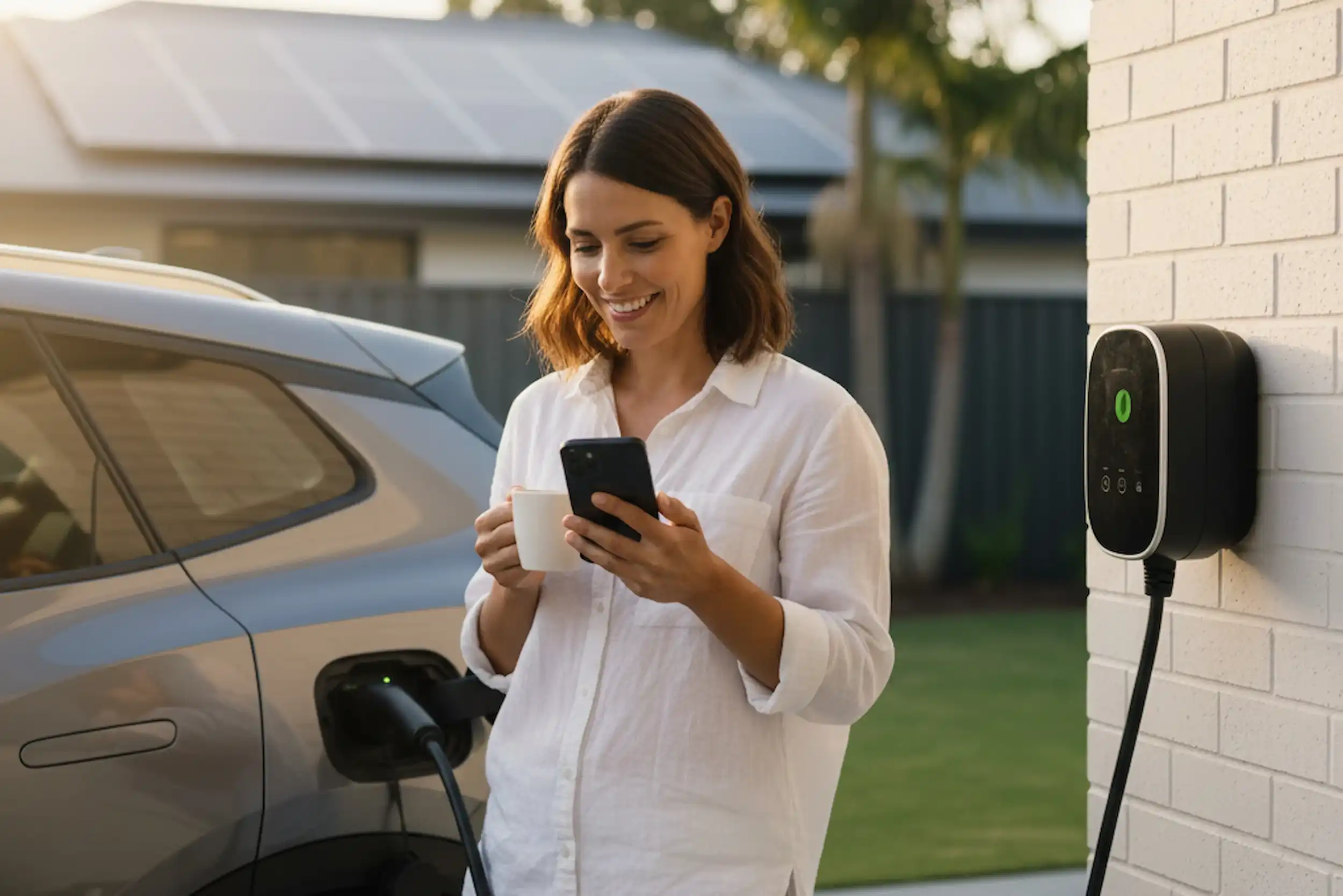 Residential EV charger installation in Rockhampton, showing a homeowner monitoring her electric car charging at a wall-mounted unit.