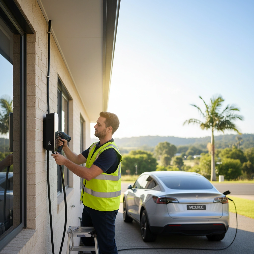 Technician installing an EV charger at a home in Rockhampton with an electric vehicle parked nearby.