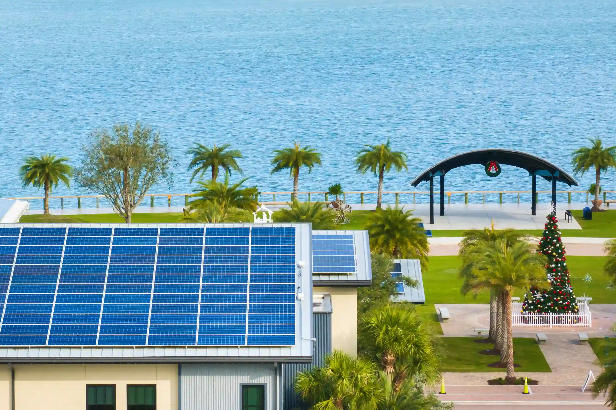 Modern residential solar panels installed on a coastal property in Keppel Sands, capturing clean renewable energy near the shoreline